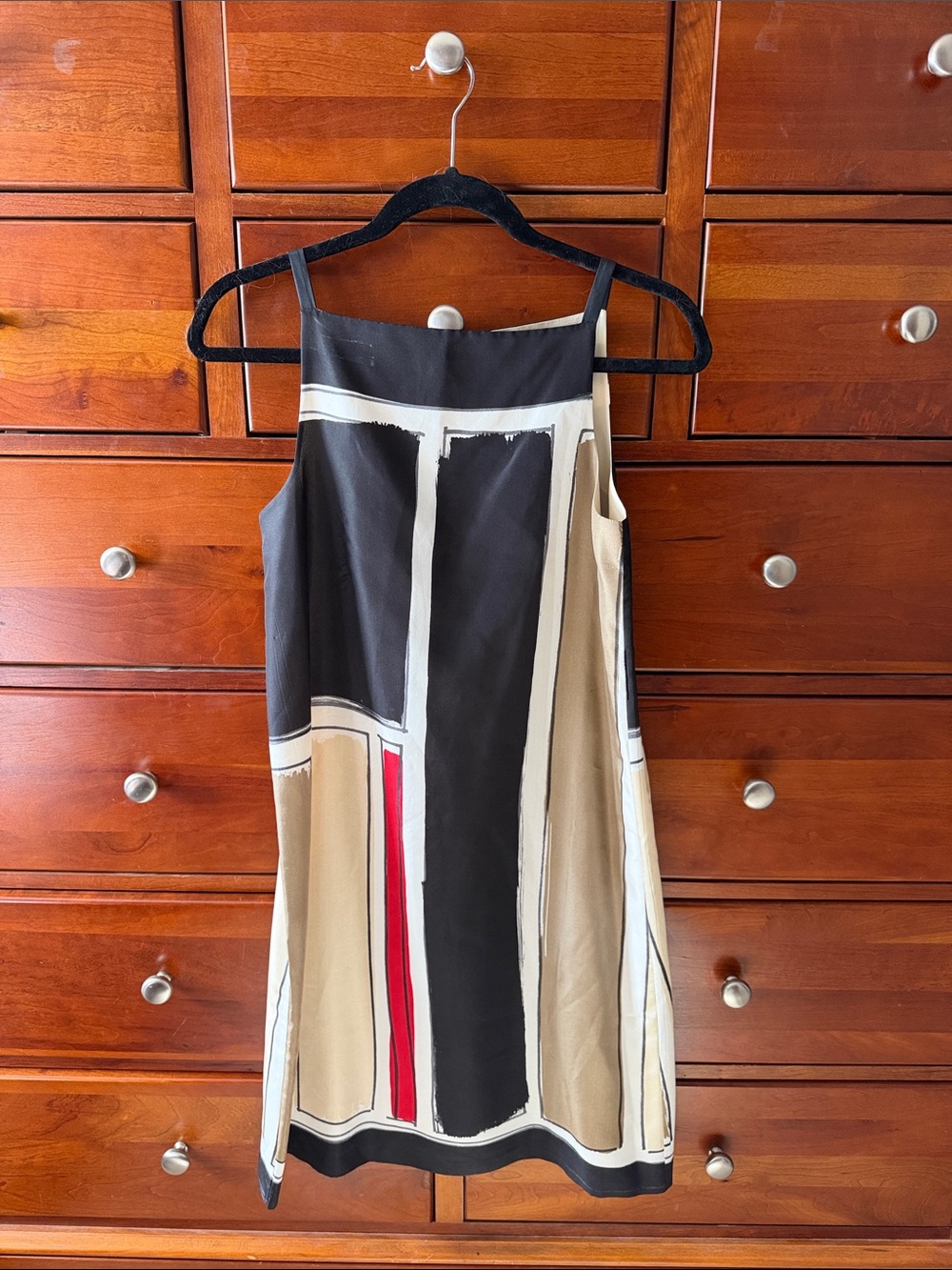 Theory 100% Silk Mondrian- inspired Mini Dress in Black, Beige & Red